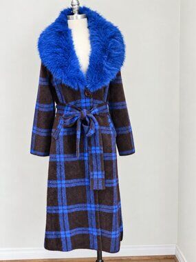 Cliche' Blue Plaid Faux Fur Collar Belted Maxi Coatigan